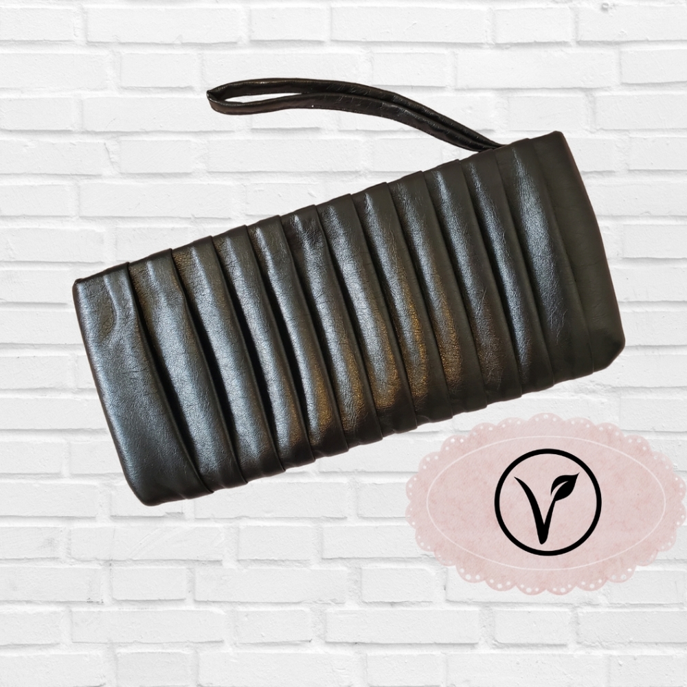 NWOT Black Vegan Leather Accordion Pleated Clutch